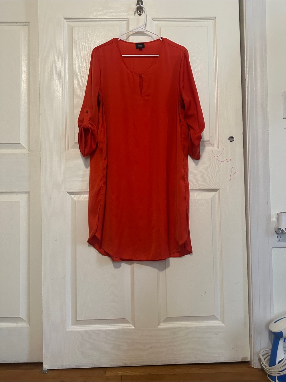Women's Elegant orange Red Roll-Tab Sleeve Tunic Dress